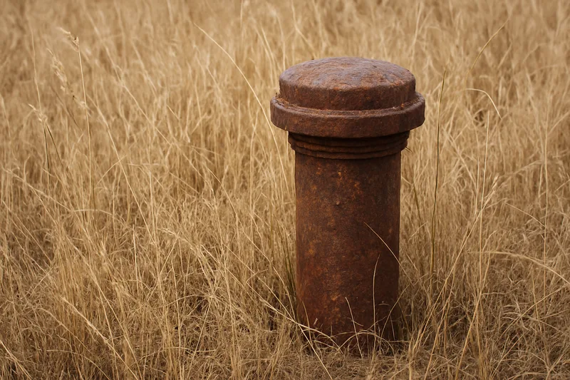 An old rusted bore casing capped and standing in long dry grass — closing down an old bore, Mildura. Illustrative example.