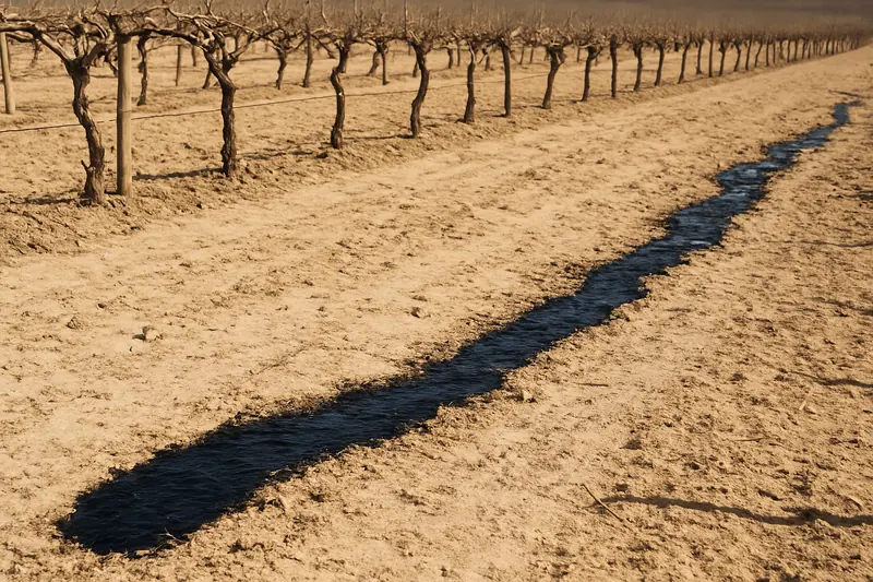 A drip line running along a dry trellised vine row — salty groundwater, Mildura. Illustrative example.