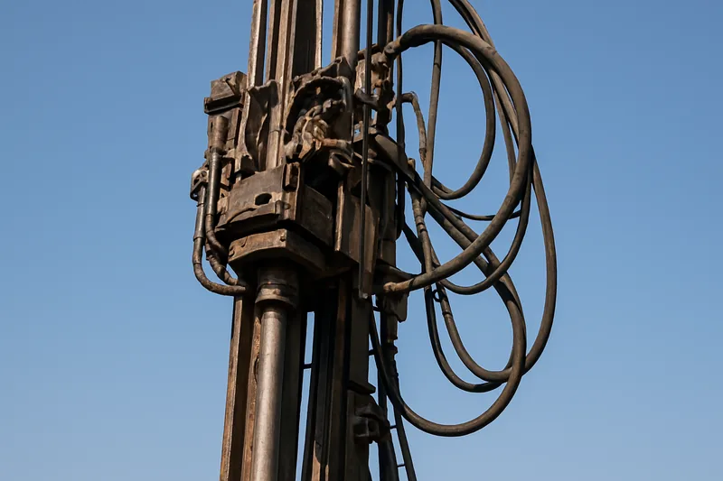 A close view of a drill rig mast and rod handling gear — water bore drilling, Mildura. Illustrative example.
