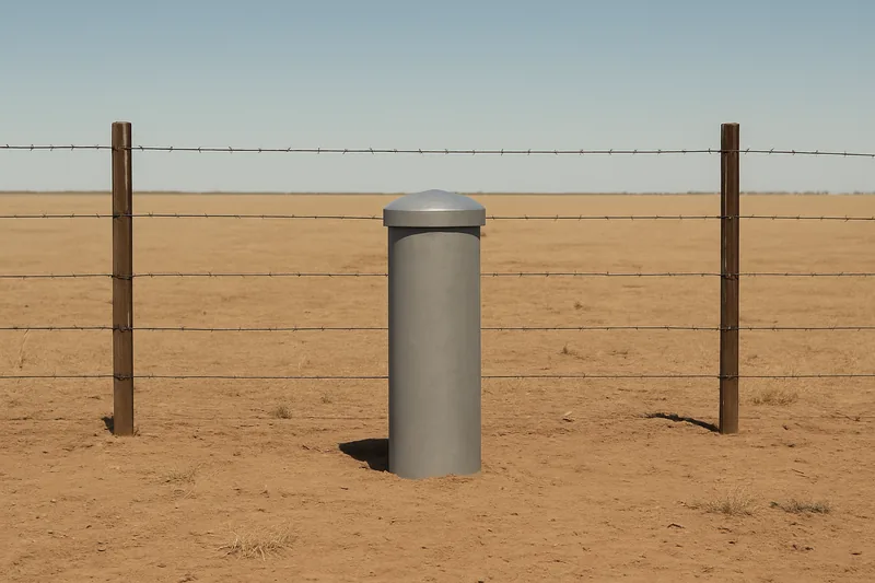 A capped steel bore casing inside a post-and-wire fence on dry ground — where to put a bore, Mildura. Illustrative example.