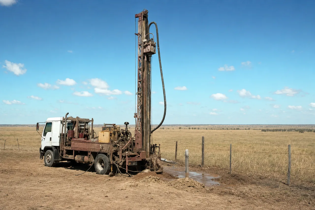 A truck-mounted drilling rig set up beside a fence line on dry ground — water bore drilling, Mildura. Illustrative example.